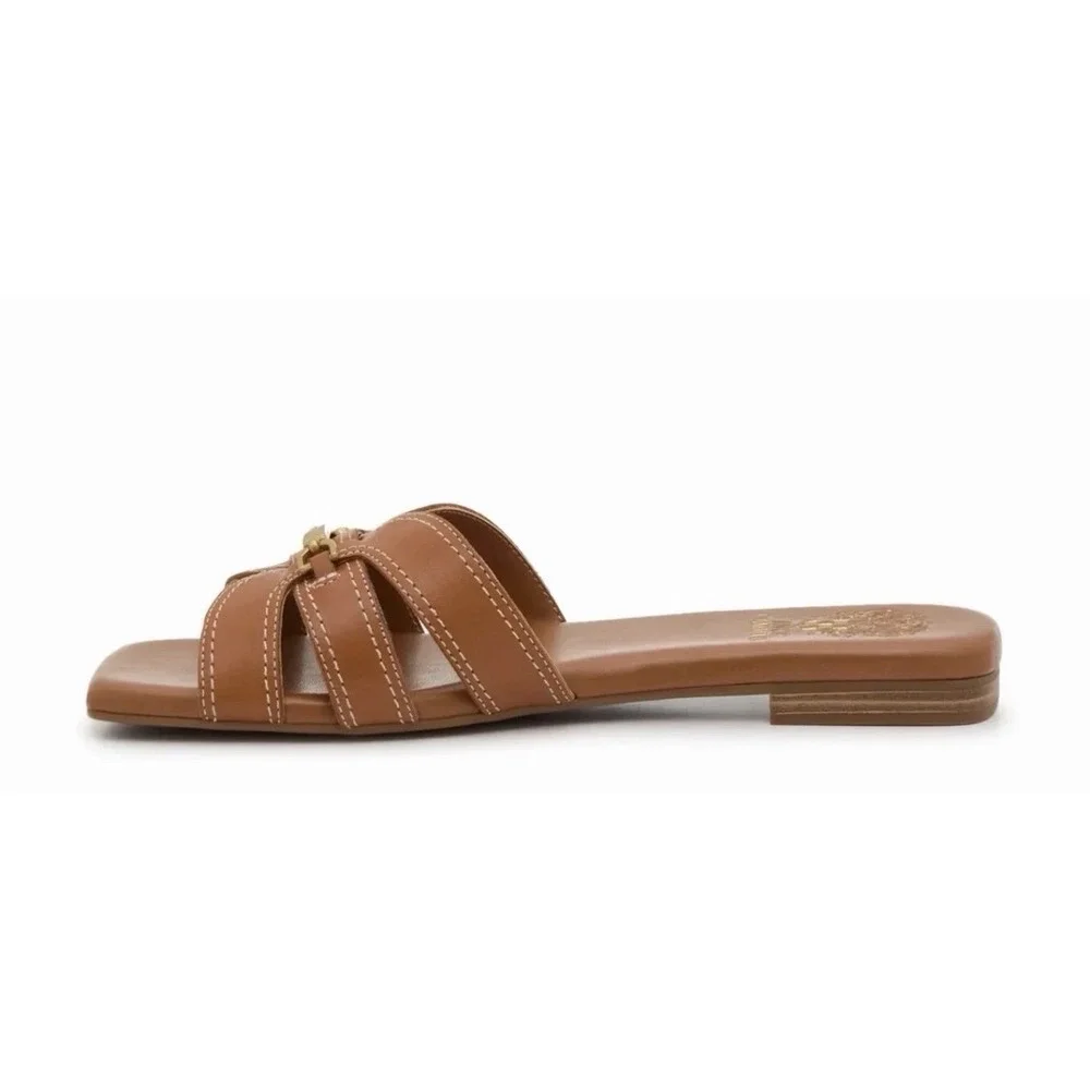 NIB Vince Camuto Arisha Sandals 11 M Brown Leather Slip-On Square Toe Flat Logo